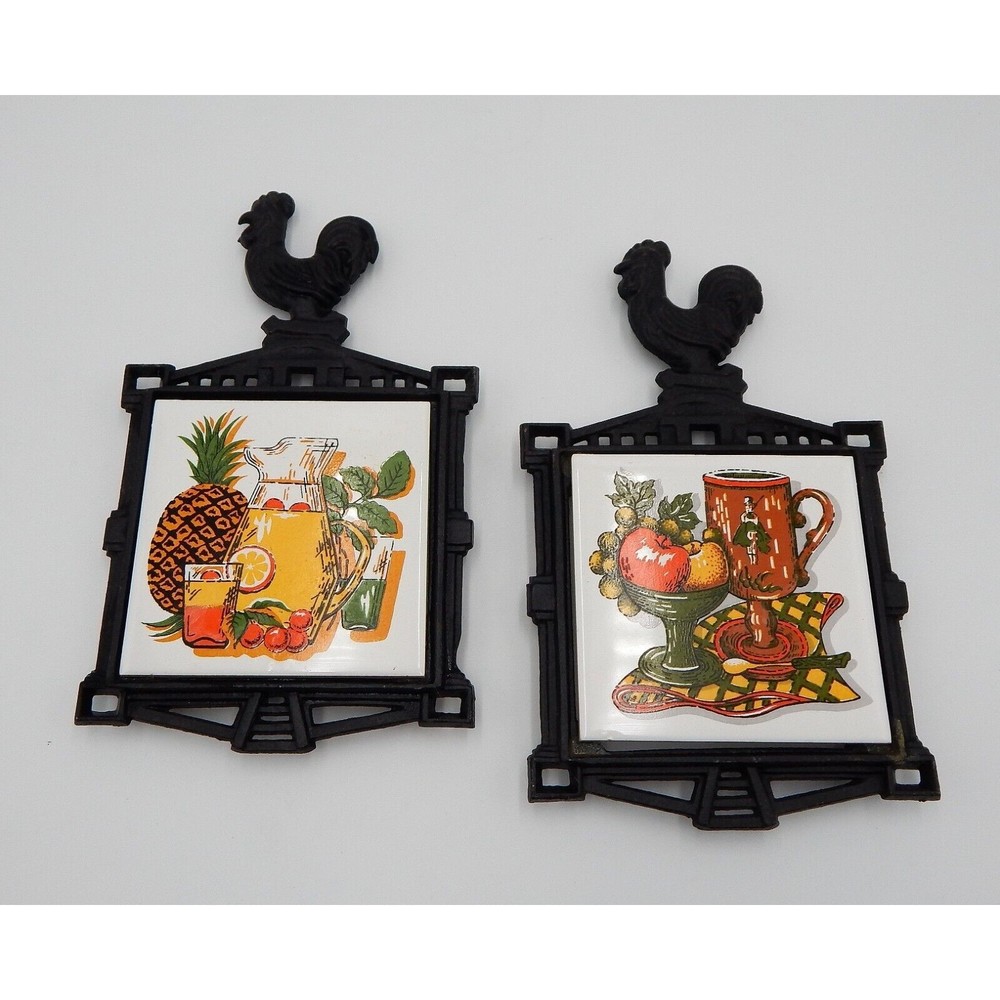 Vintage Cast Iron Rooster Trivet Ceramic Tile Hot Plate Fruit Drink Japan Pair